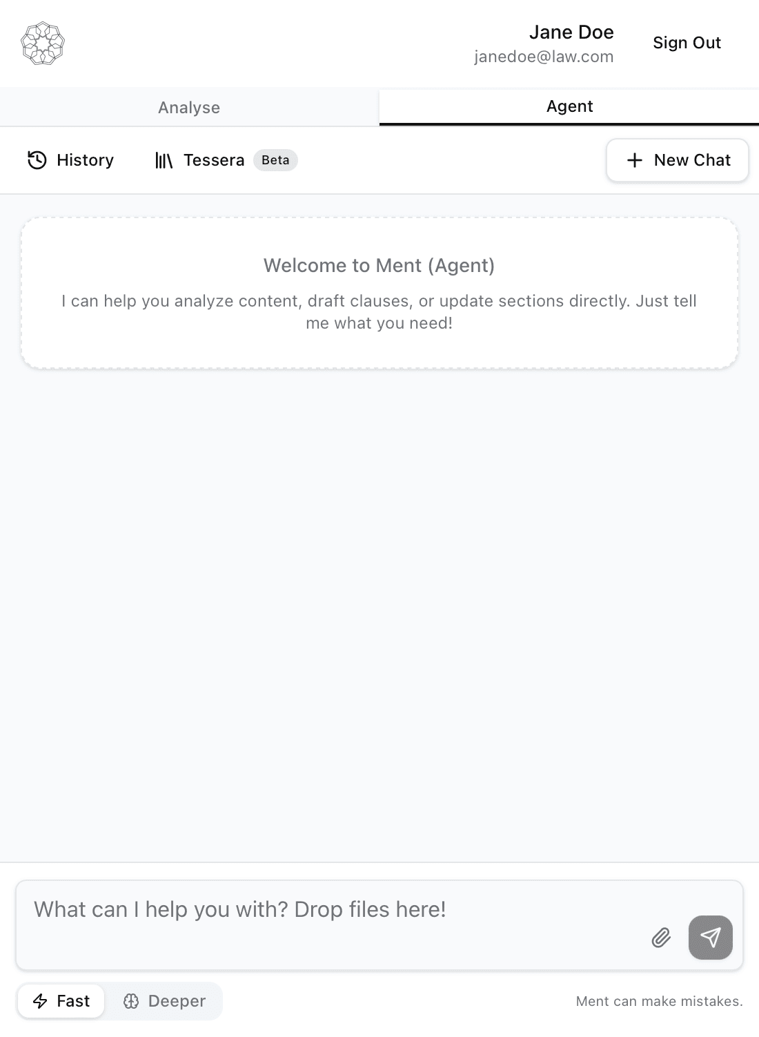 The Ment Agent chat panel in Word, ready for an instruction.